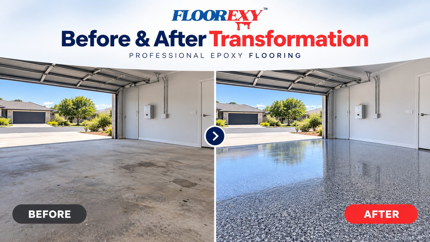 Before and after: a stained concrete garage floor transformed into a glossy grey flake epoxy floor by Floorexy