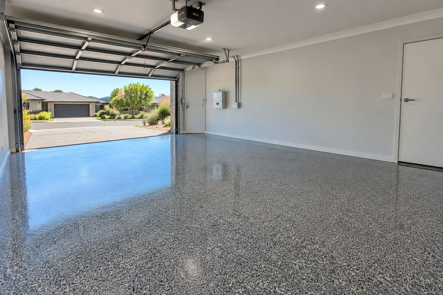 Grey flake epoxy garage floor