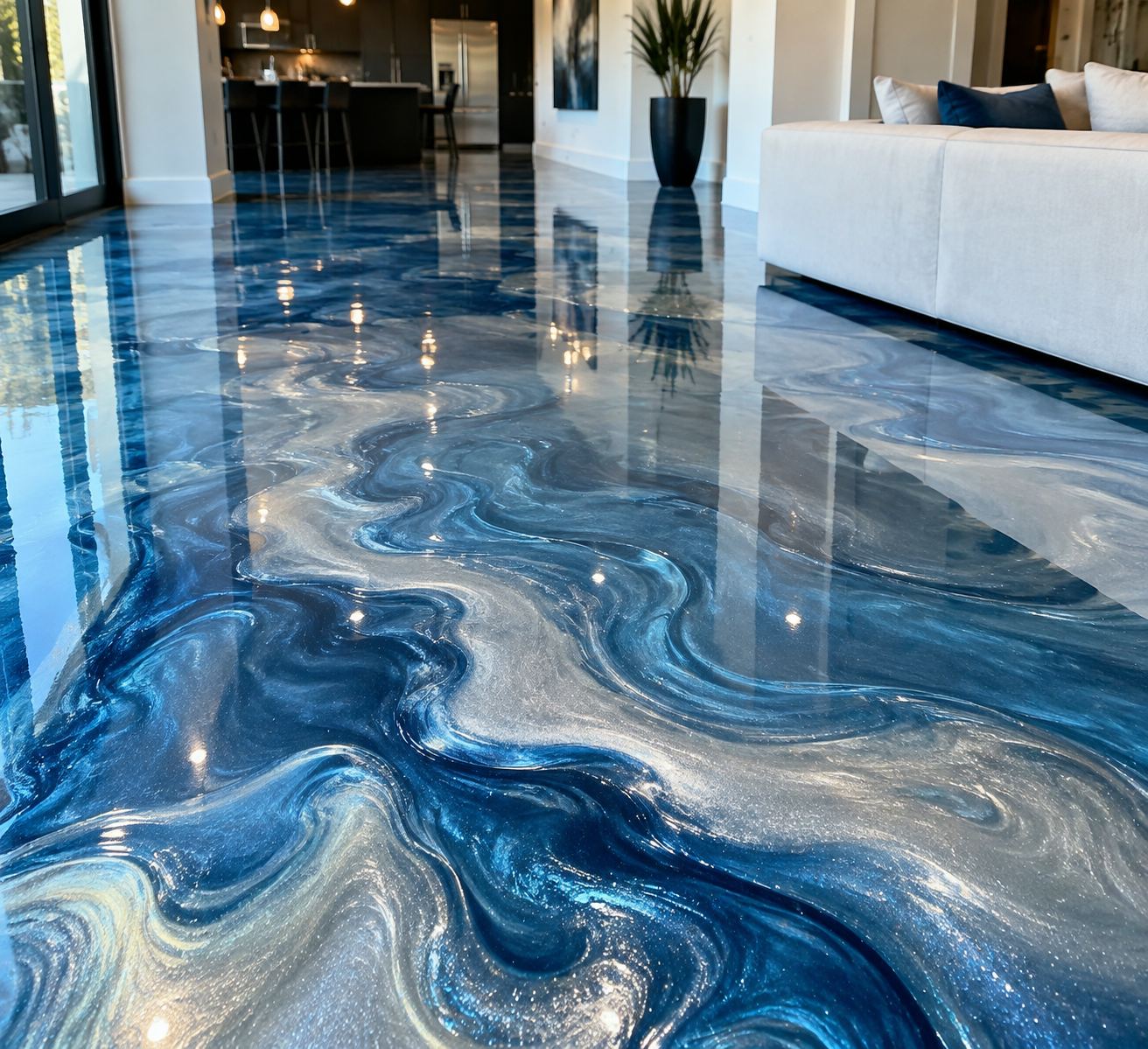Blue and silver metallic epoxy floor