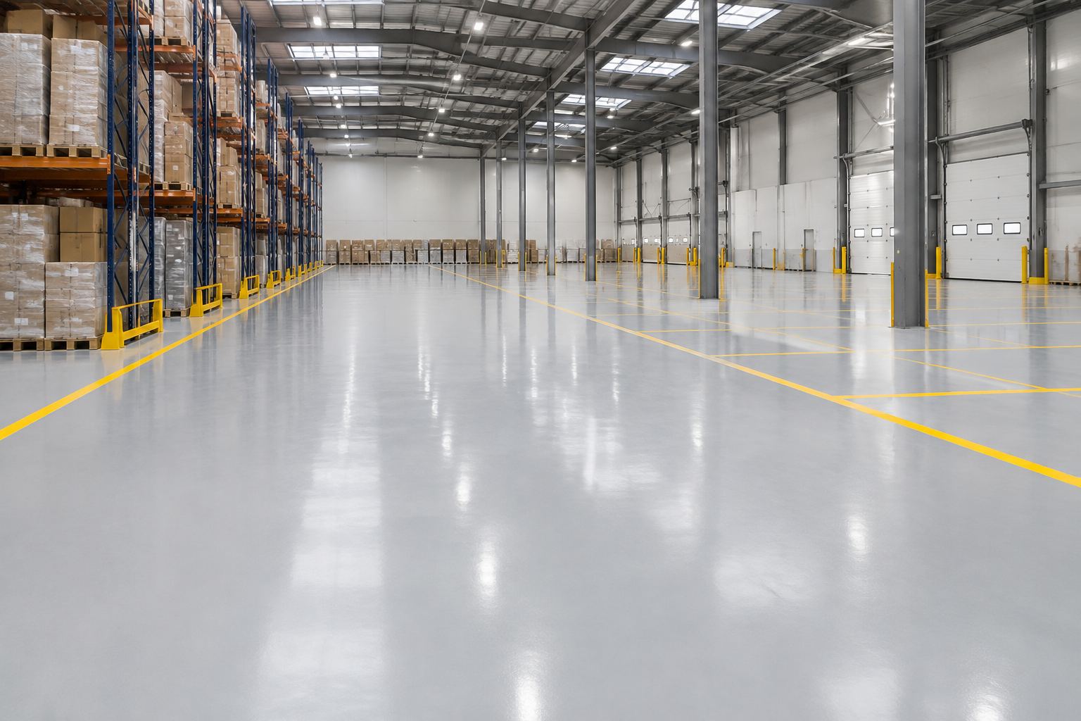 Glossy grey warehouse epoxy floor with safety lines